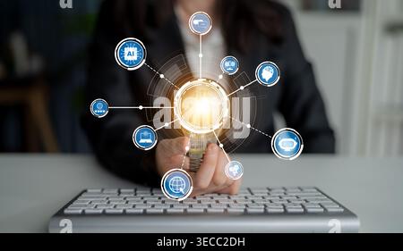 A business professional showcases innovative digital solutions using technology icons. The image emphasizes connectivity, data-driven strategies, and Stock Photo