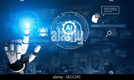 A generative AI assistant displays its own user interface. This platform is designed for users to enter prompts, interact with the AI chatbot, and gen Stock Photo