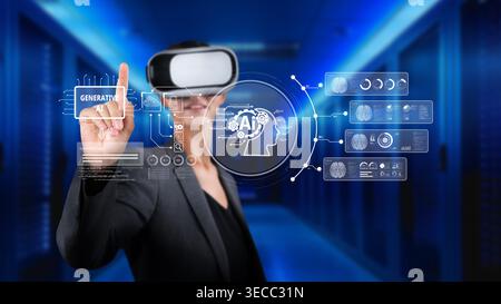 A business professional interacts with advanced virtual reality technology, focusing on generative artificial intelligence. This image captures innova Stock Photo