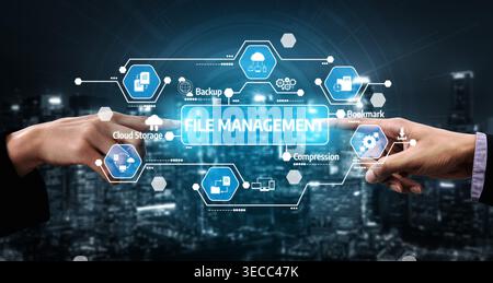 A modern concept of digital file management showing hands connecting through icons representing cloud storage, backup, and compression against an urba Stock Photo