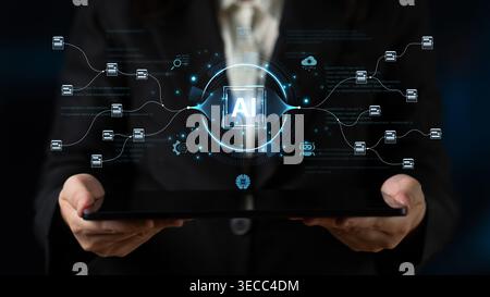 An AI-powered system for automating data workflows. The central intelligence processes and distributes information, managing complex data pipelines as Stock Photo