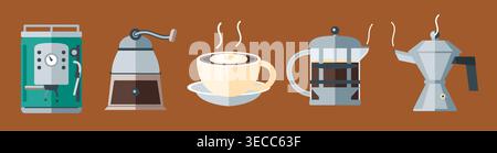 Explore a modern flat vector illustration featuring essential coffee brewing equipment. This vibrant collection includes an espresso machine. Stock Vector