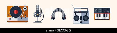 A collection of modern flat design icons showcasing essential music and audio production equipment. Features a classic turntable, professional studio Stock Vector