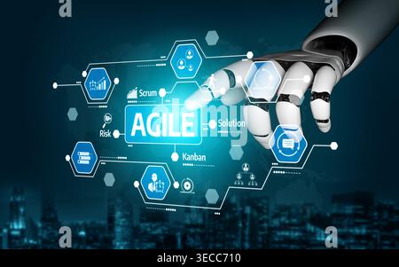 A robotic hand interacts with various agile methodology concepts in a dynamic digital workspace, highlighting innovative solutions and data visualizat Stock Photo
