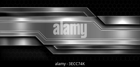 Abstract metal background with realistic steel grid texture, glossy chrome surface, and geometric pattern in grey, black, and red tones. Vector border template for modern sport design Stock Vector