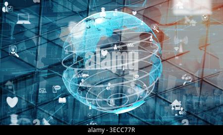 This image illustrates a digital globe with connected icons symbolizing communication and information flow, showcasing modern technology in an abstrac Stock Photo