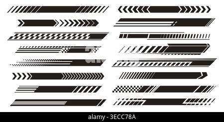 Dynamic black racing stripes with checkered pattern, bold motorsport graphics, vector illustrations isolated on white background. Car branding, speed design elements, and competitive sport visuals Stock Vector
