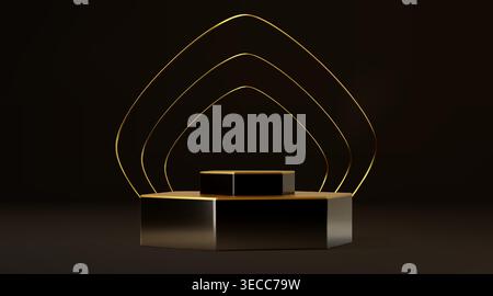 Elegant gold black podium with abstract thin line arch shape, realistic vector background. Premium platform with golden geometric shapes. Luxury 3d stand for product display with minimalist design Stock Vector