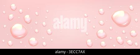 Transparent gel drops on pink background. Vector realistic illustration of shiny water droplets on surface, collagen serum spheres, liquid jelly texture, cosmetic skincare product banner design Stock Vector