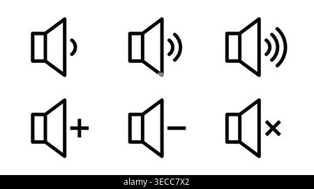 Audio control settings icon collection, minimalist linear format, volume adjustment, levels, mute, amplification, and sound Stock Vector