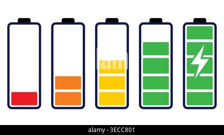 Battery energy level status indicator collection in flat style, power capacity, charging progress, efficiency, and duration. Stock Vector