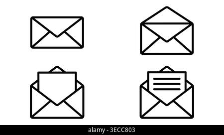 Email communication icon collection in minimalist line style, including envelopes, messaging, letters, post, and inbox. Stock Vector