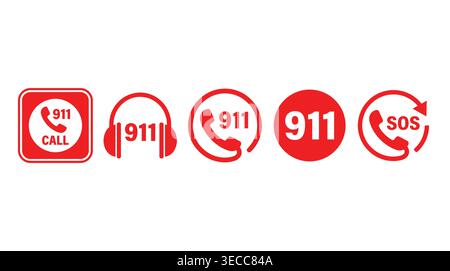 Emergency services contact icon set in a flat red style, including 911 dispatch, headphone support, SOS, and assistance. Stock Vector