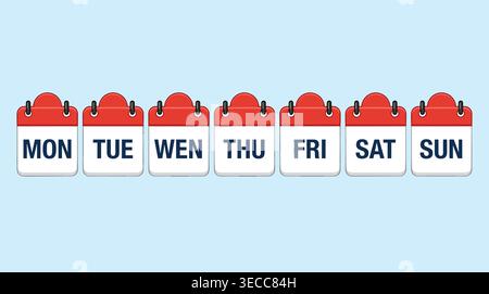 Weekly calendar date icon collection in flat vector style, time management, scheduling, planning, agenda, and events. Stock Vector
