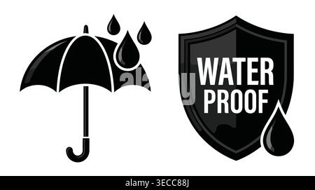 Waterproof protection icon collection in a bold solid style, covering rain resistance, liquid barriers, and durability. Stock Vector