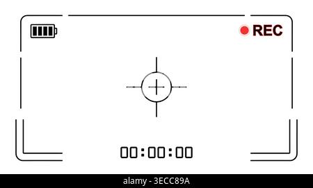 Camera viewfinder interface collection, minimalist linear format, recording status, battery level, frame focus, and timer. Stock Vector