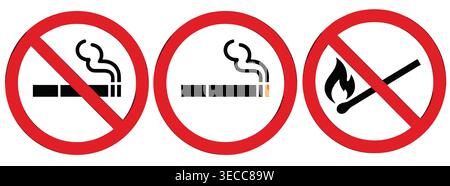 Public safety signage collection in a flat vector format, restricted smoking, banned fire hazards, no tobacco, and flames. Stock Vector