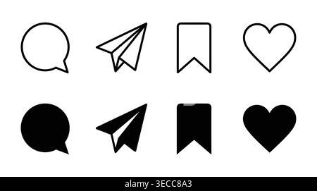 Social media user interface icon set in simple linear and solid black, chat, arrow, bookmark, love, and interface Stock Vector