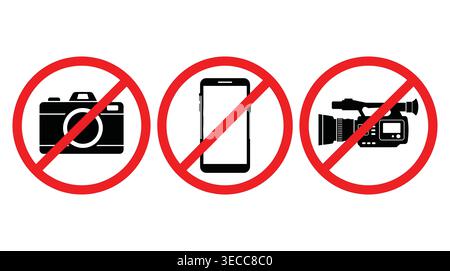 Prohibited electronics collection, vector silhouette set, cameras, smartphones, video recording, privacy, and technology Stock Vector