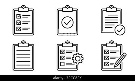 Business management clipboard icon collection, minimalist black line symbols, verification, tasks, goals, progress, and planning Stock Vector