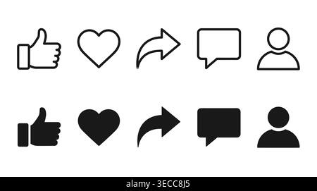 Social media engagement icon collection, minimalist clean vector format, likes, hearts, shares, comments, and profile user. Stock Vector