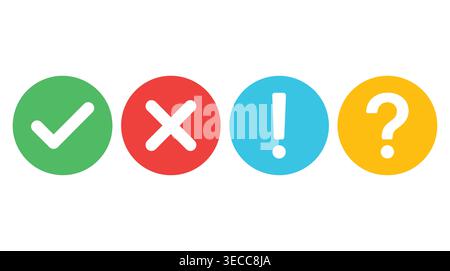 Status indicator icon collection in a flat colorful circular format containing approval, rejection, alert, and inquiry. Stock Vector