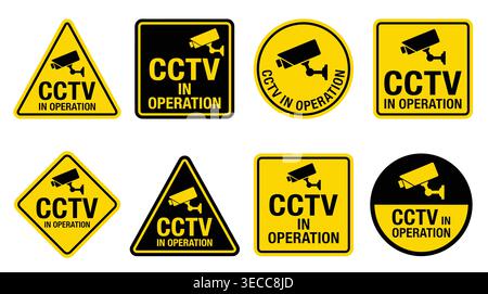 CCTV security signage icon collection in flat vector format, surveillance, monitoring, safety, protection, and video recording. Stock Vector