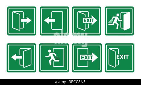 Emergency safety exit signage collection in flat vector style for evacuation, escape routes, fire safety, and navigation. Stock Vector