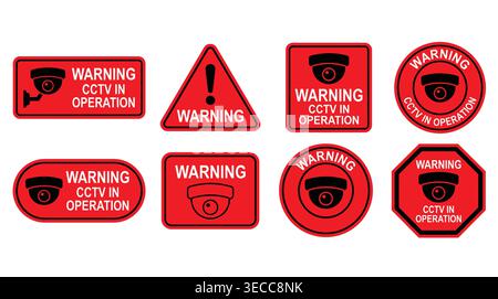 Security surveillance warning signs collection in flat vector, video monitoring, safety alerts, private area, and protection Stock Vector