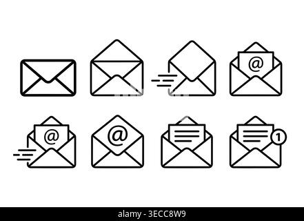 Email communication icon collection, simple linear style, containing messages, correspondence, contact, inbox, and notifications. Stock Vector