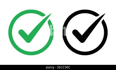 Correct status indicators within a minimal symbol collection, solid vector format, completion, approval, success, accuracy, and validation. Stock Vector