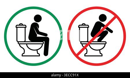 Restroom etiquette sign collection, vector format pictogram, proper posture, prohibited squatting, usage rules, and behavior Stock Vector