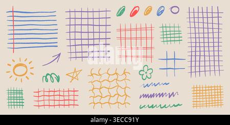 Hand drawn grid pattern with pencil doodle lines or color crayon strokes, cartoon vector texture on white background. Abstract checkered sketch elements for creative school design, scribble icon Stock Vector
