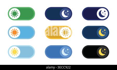Day and night interface toggle switch control collection, flat vector elements including sun, moon, stars, and time. Stock Vector