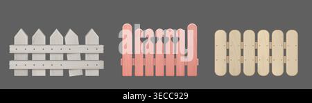 Realistic set of wooden fence with picket panels isolated on background. Vector realistic illustration of pink garden gate with hearts, old farm barrier with damaged plank, rustic yard design element Stock Vector