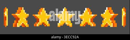 Spinning gold pixel star animation with golden glow for retro arcade games, cartoon vector icons isolated on background. Classic 8-bit style gaming asset for video game ui, power bonus element Stock Vector