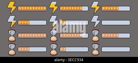Pixel art game bars, lightning for battery score progress, energy meter, retro 8 bit hourglass for time indicator, cartoon vector gauge icons. Classic video game hud interface and arcade power display Stock Vector