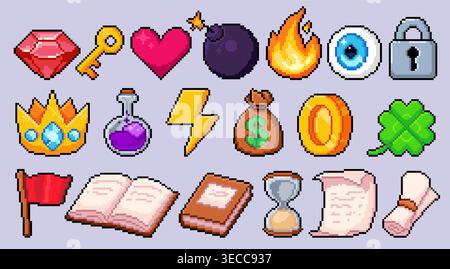 Pixel art assets for arcade game user interface. Vector set of crystal, heart, coin, bomb, lock, key icons, retro gaming trophy elements, design elements for 8-bit computer videogame ui and menu Stock Vector
