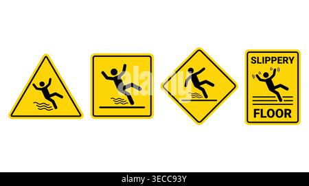 Slippery floor safety signage collection in yellow flat style with caution, hazard, wet surface, danger, and awareness Stock Vector