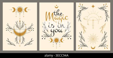 Mystical magic poster set, vector background with moon eclipse phases, stars and sun celestial symbols, and floral design elements. Witchcraft flyers, esoteric art, alchemy illustrations Stock Vector