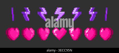 Spinning pink pixel heart and purple lightning animation for retro arcade games, cartoon vector icons isolated on background. Classic 8-bit gaming asset for video game ui, bonus life, battery element Stock Vector