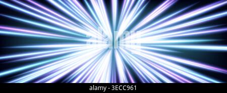 Dynamic motion trails, speed flowing lines with neon light effect, abstract vector background. Blue purple fast digital effect with light beams, futuristic space technology banner with energy flow Stock Vector