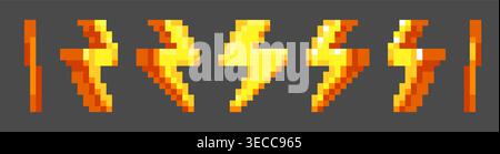 Spinning yellow pixel lightning animation for retro arcade games, cartoon vector icons isolated on background. Classic 8-bit style gaming asset for video game ui, battery recharge element Stock Vector