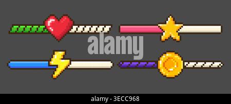 Pixel art game energy bars set with heart, star, lightning bolt and coin icons. Vector illustration of gaming health gauge and energy meter collection, retro 8-bit videogame UI progress indicators Stock Vector