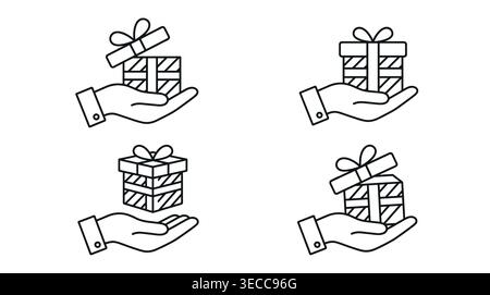 Gift giving business icon collection in a minimalist line format, featuring charity, rewards, bonus, sales, and loyalty. Stock Vector