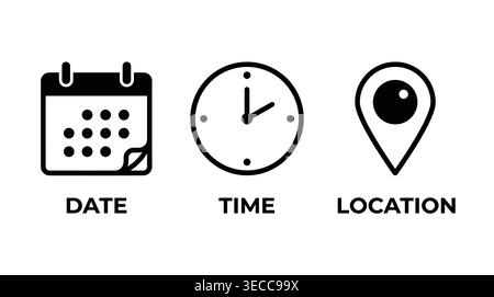 Logistics and scheduling icon collection in minimalist black, calendar, clock, pointer, agenda, and navigation. Stock Vector