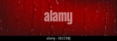 Water droplets and streams on red glass background. Vector realistic illustration of cold rain or dew splash on car surface, cool beverage condensation drops on bottle or can, abstract moisture design Stock Vector
