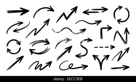 Directional arrows icon set in a minimalist ink sketch style, featuring navigation, pointers, growth, cycle, and movement Stock Vector