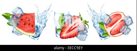Fresh strawberry slices with ice cubes and water spalsh, watermelon, juicy grapefruit pieces, green leaves, realistic vector illustration isolated on white background. Cool summer fruit composition Stock Vector