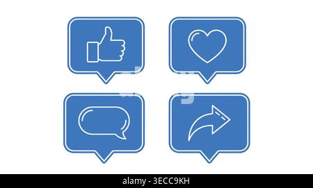 Social media engagement icon set in flat square style, likes, heart reactions, comments, content sharing, and updates Stock Vector